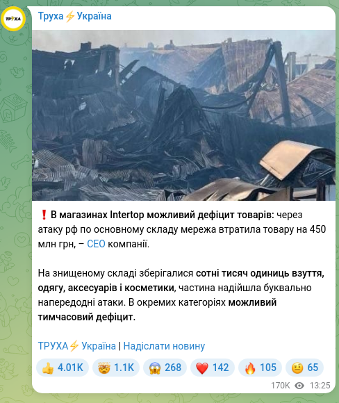 Скріншот Telegram-публікації: ❗️В магазинах Intertop можливий дефіцит товарів: через атаку рф по основному с…