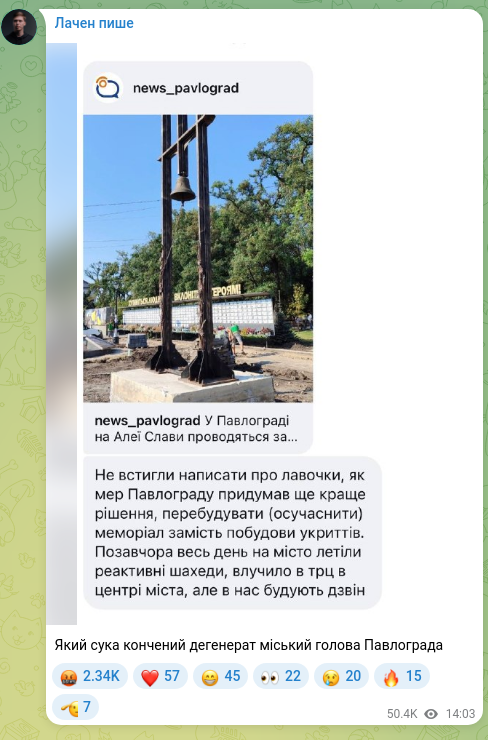 Скріншот Telegram-публікації: Який сука кончений дегенерат міський голова Павлограда