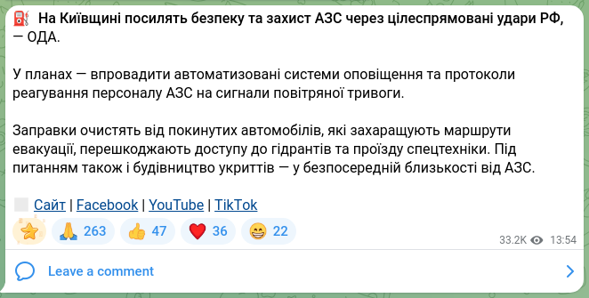 Screenshot of a Telegram post: ⛽️ In the Kyiv region, security and protection of gas stations will be strengt…