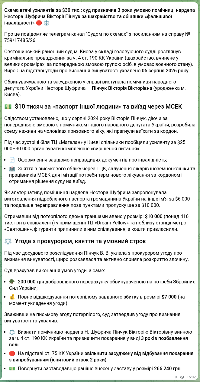 Скріншот Telegram-публікації: 🕵️‍♂️ СУДОМ ПО СХЕМАХ