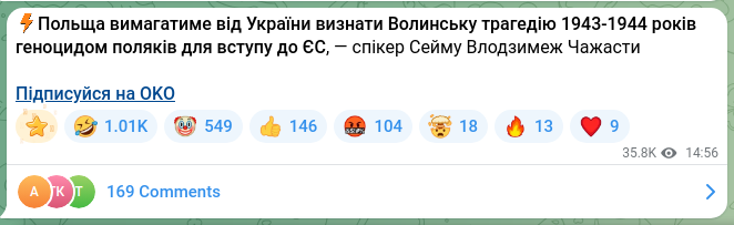 Скріншот Telegram-публікації: ⚡️Польща вимагатиме від України визнати Волинську трагедію 1943-1944 років ген…