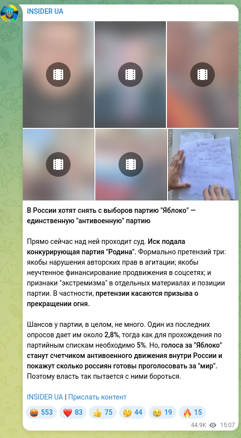 Скріншот Telegram-публікації: В России хотят снять с выборов партию "Яблоко" — единственную "антивоенную" пар…