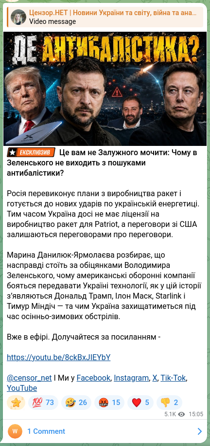 Скріншот Telegram-публікації: Зеленський Володимир Олександрович — 🔣ℹ️🔤🔡🔠 Це вам не Залужного мочити: Чому в Зеленського…