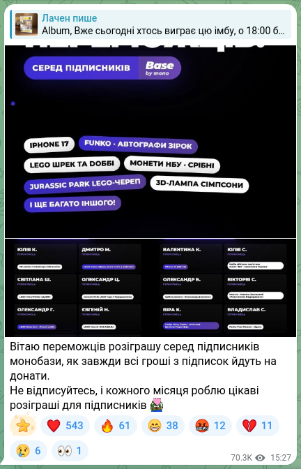 Screenshot of a Telegram post: Congratulations to the winners of the giveaway among the monobase subscribers;…