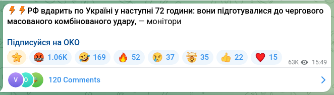 Скріншот Telegram-публікації: ⚡️⚡️РФ вдарить по Україні у наступні 72 години: вони підготувалися до чергово…