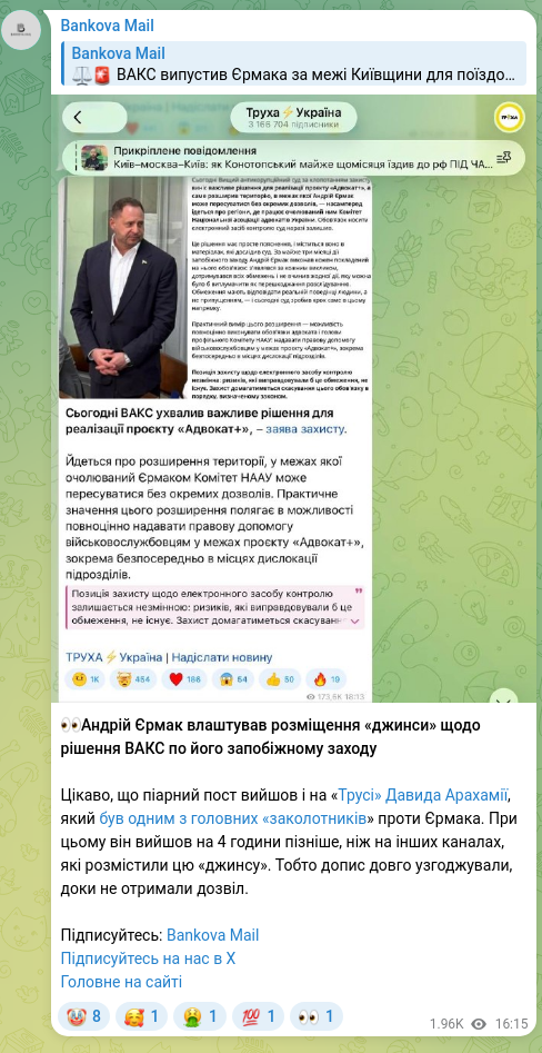 Screenshot of a Telegram post: Yermak Andriy Borysovych — 👀Andriy Yermak arranged placement of “paid PR” regarding the WAKS…
