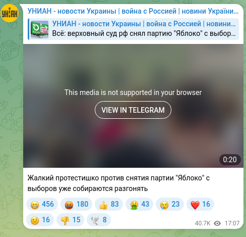 Скріншот Telegram-публікації: Жалкий протестишко против снятия партии "Яблоко" с выборов уже собираются разго…