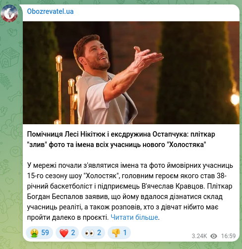 Screenshot of a Telegram post: Помічниця Лесі Нікітюк і ексдружина Остапчука: пліткар "злив" фото та імена всі…