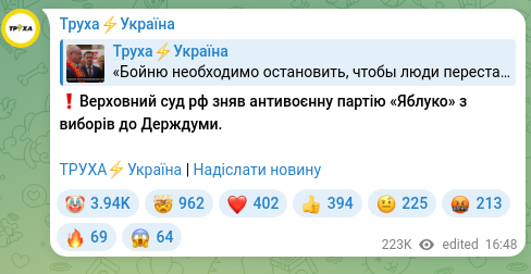 Скріншот Telegram-публікації: ❗️Верховний суд рф зняв антивоєнну партію «Яблуко» з виборів до Держдуми. ТРУХ…