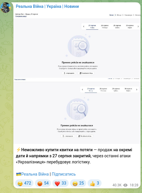 Screenshot of a Telegram post: ⚡️It is impossible to buy train tickets — sales for certain dates and routes h…