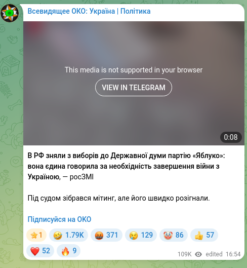 Screenshot of a Telegram post: In Russia, the Yabloko party was removed from the State Duma elections: it was…