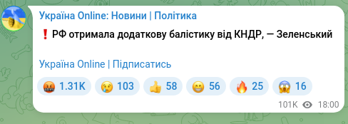 Скріншот Telegram-публікації: ❗️РФ отримала додаткову балістику від КНДР, — Зеленський Україна Online | Підп…