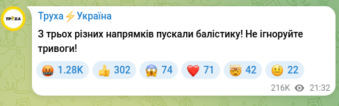 Скріншот Telegram-публікації: З трьох різних напрямків пускали балістику! Не ігноруйте тривоги!