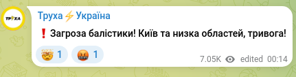 Скріншот Telegram-публікації: ❗️Загроза балістики! Київ та низка областей, тривога!