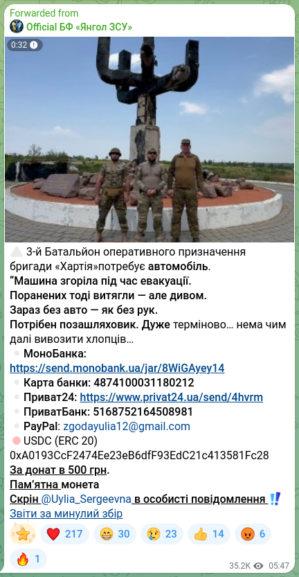 Screenshot of a Telegram post: ⚠️ 3-й Батальйон оперативного призначення бригади «Хартія»потребує автомобіль.…
