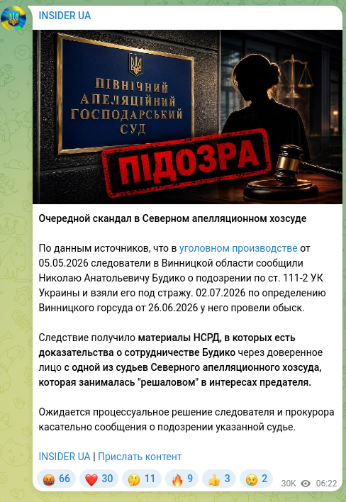 Screenshot of a Telegram post: Another scandal at the Northern Commercial Court of Appeal According to sources…