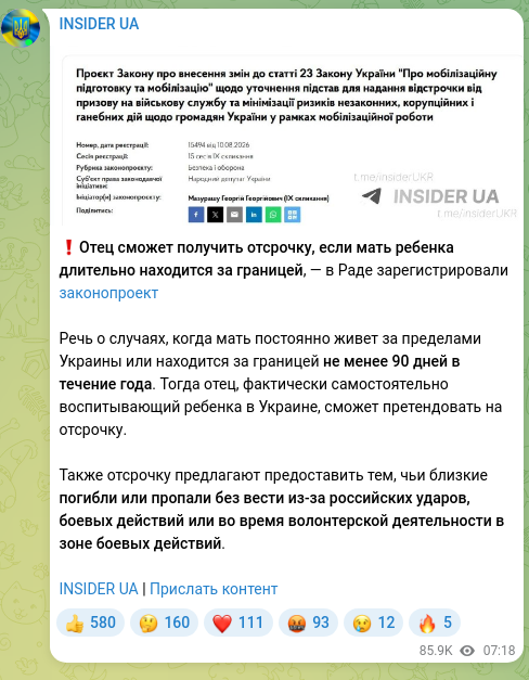Скріншот Telegram-публікації: ❗️Отец сможет получить отсрочку, если мать ребенка длительно находится за гран…