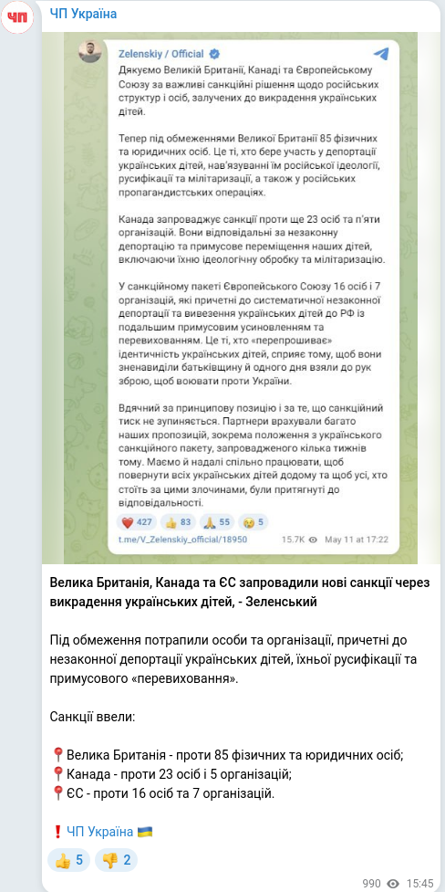 Скріншот Telegram-публікації