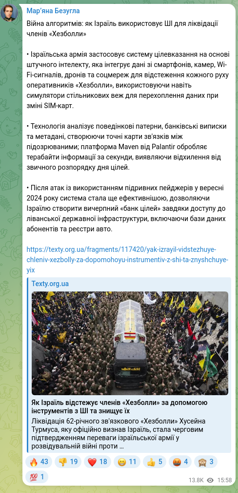 Screenshot of a Telegram post: Війна алгоритмів: як Ізраїль використовує ШІ для ліквідації членів «Хезболли» •…