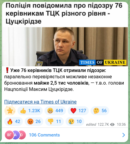 Screenshot of a Telegram post: Tsutskiridze Maksym Serhiyovych — ❗️Already 76 heads of the territorial recruitment centers…
