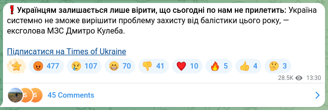 Screenshot of a Telegram post: Kuleba Dmytro Ivanovych — ❗️Ukrainians can only hope that nothing will hit us today: Ukraine…