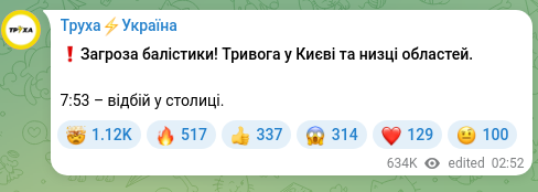 Скріншот Telegram-публікації: ❗️Загроза балістики! Тривога у Києві та низці областей. 7:53 – відбій у столиц…