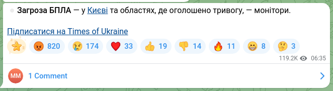 Скріншот Telegram-публікації: ⏺Загроза БПЛА — у Києві та областях, де оголошено тривогу, — монітори. Підписат…