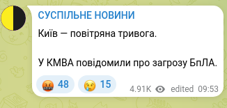 Скріншот Telegram-публікації: Київ — повітряна тривога. У КМВА повідомили про загрозу БпЛА.