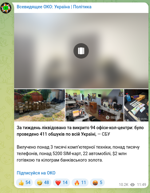 Screenshot of a Telegram post: In one week, 94 call center offices were shut down and exposed: 411 searches we…