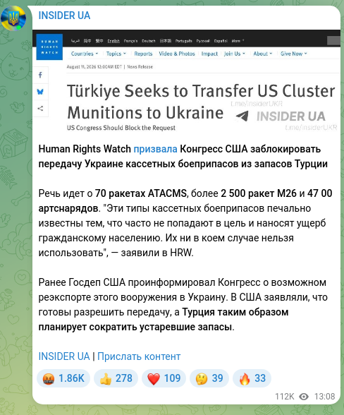 Скріншот Telegram-публікації: Human Rights Watch призвала Конгресс США заблокировать передачу Украине кассетн…