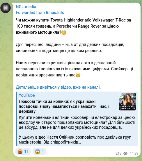Скріншот Telegram-публікації: Чи можна купити Toyota Highlander або Volkswagen T-Roc за 100 тисяч гривень, а…