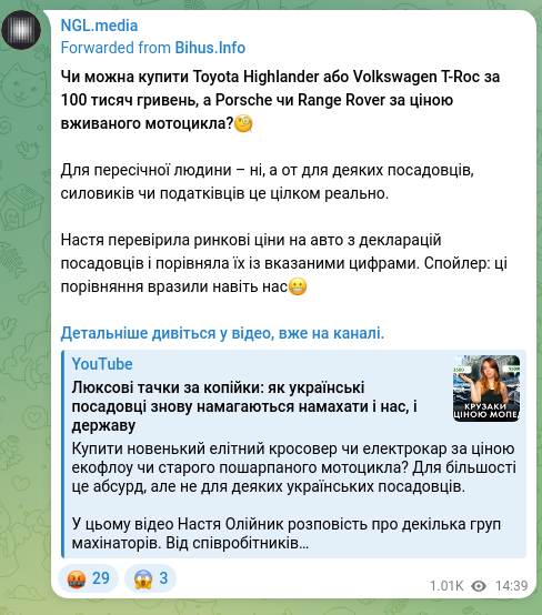 Скріншот Telegram-публікації: Чи можна купити Toyota Highlander або Volkswagen T-Roc за 100 тисяч гривень, а…