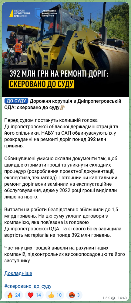 Screenshot of a Telegram post: ⚖️⚖️⚖️⚖️ Road corruption in the Dnipropetrovsk Regional State Administration: s…