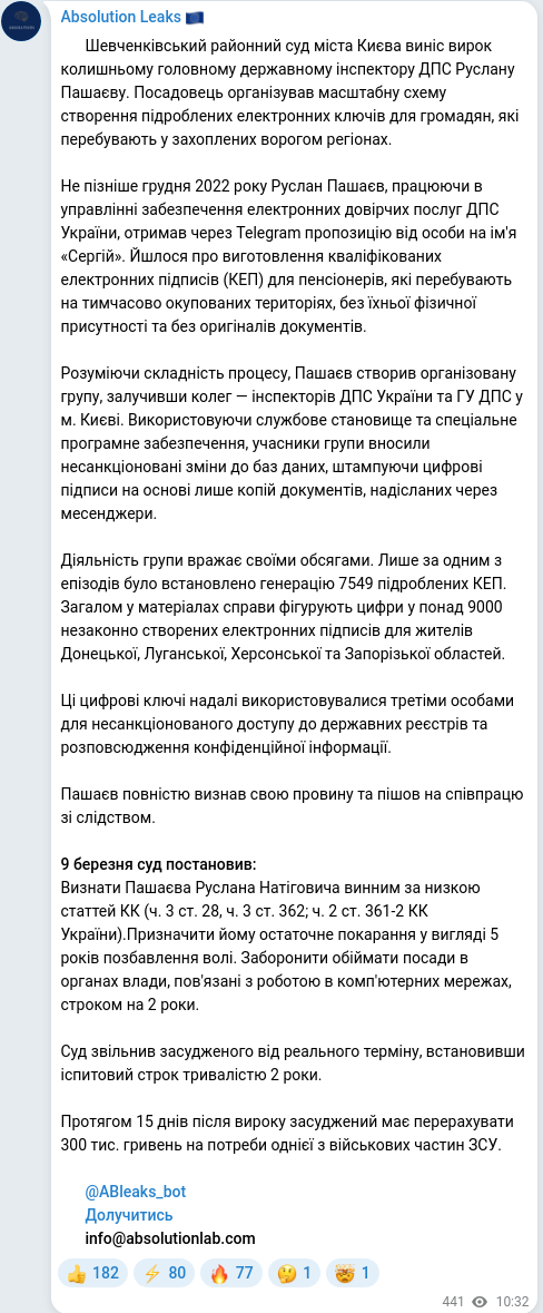 Telegram publication screenshot