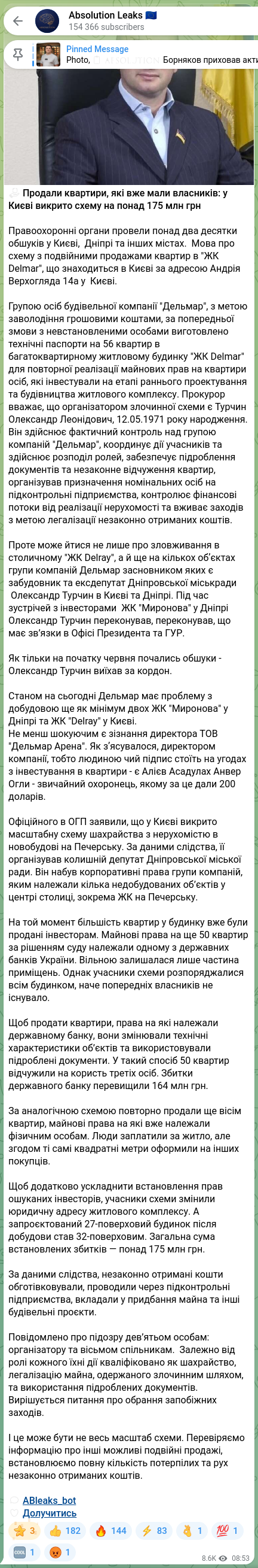 Screenshot of a Telegram post: Turchyn Oleksandr Leonidovych — ☑️ Apartments that already had owners were sold: a scheme wor…
