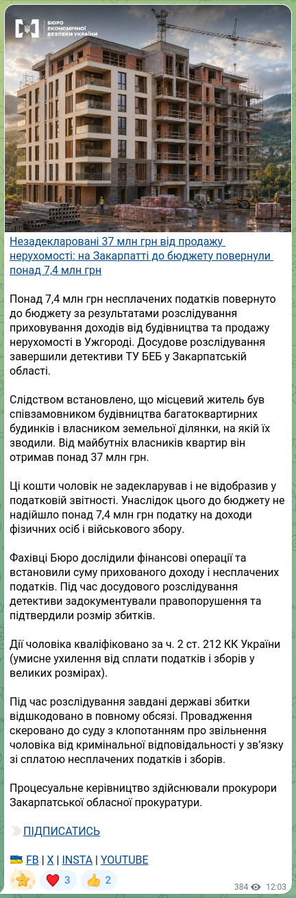 Скріншот Telegram-публікації: Незадекларовані 37 млн грн від продажу нерухомості: на Закарпатті до бюджету по…