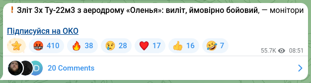 Скріншот Telegram-публікації: ❗️Зліт 3х Ту-22м3 з аеродрому «Оленья»: виліт, ймовірно бойовий, — монітори Пі…