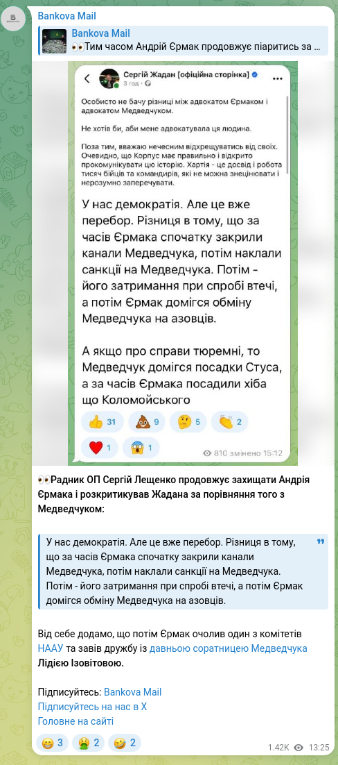Скріншот Telegram-публікації: Лещенко Сергій Анатолієвич — 👀Радник ОП Сергій Лещенко продовжує захищати Андрія Єрмака і роз…