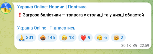 Скріншот Telegram-публікації: ❗️Загроза балістики — тривога у столиці та у низці областей Україна Online | П…