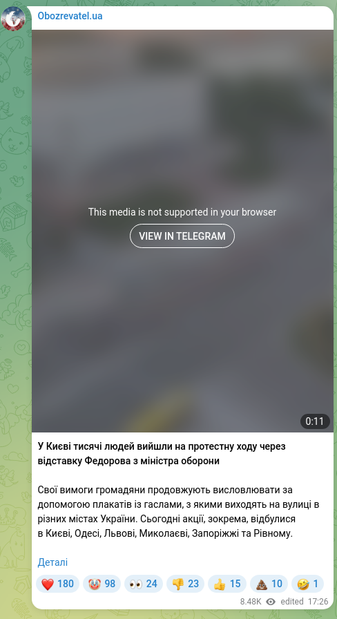 Screenshot of a Telegram post: У Києві тисячі людей вийшли на протестну ходу через відставку Федорова з мініст…