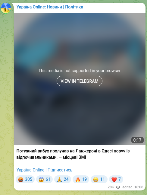 Screenshot of a Telegram post: A powerful explosion rang out at Langeron in Odesa near vacationers, — local me…