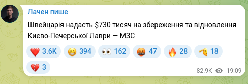 Скріншот Telegram-публікації: Швейцарія надасть $730 тисяч на збереження та відновлення Києво-Печерської Лавр…