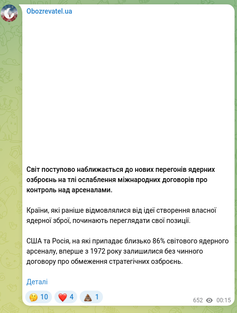 Screenshot of a Telegram post: The world is gradually moving toward a new nuclear arms race against the backdr…