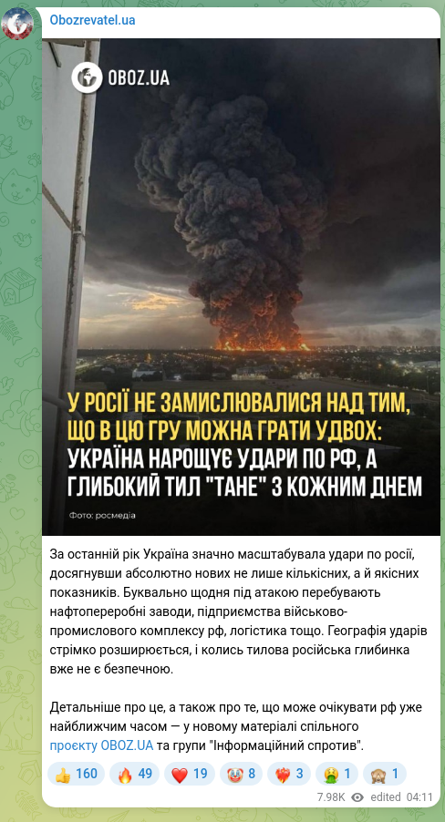 Screenshot of a Telegram post: За останній рік Україна значно масштабувала удари по росії, досягнувши абсолютн…