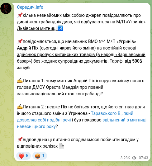Скріншот Telegram-публікації: Піх Андрій Михайлович — 📌кілька незнайомих між собою джерел повідомляють про дивні «контрабан…