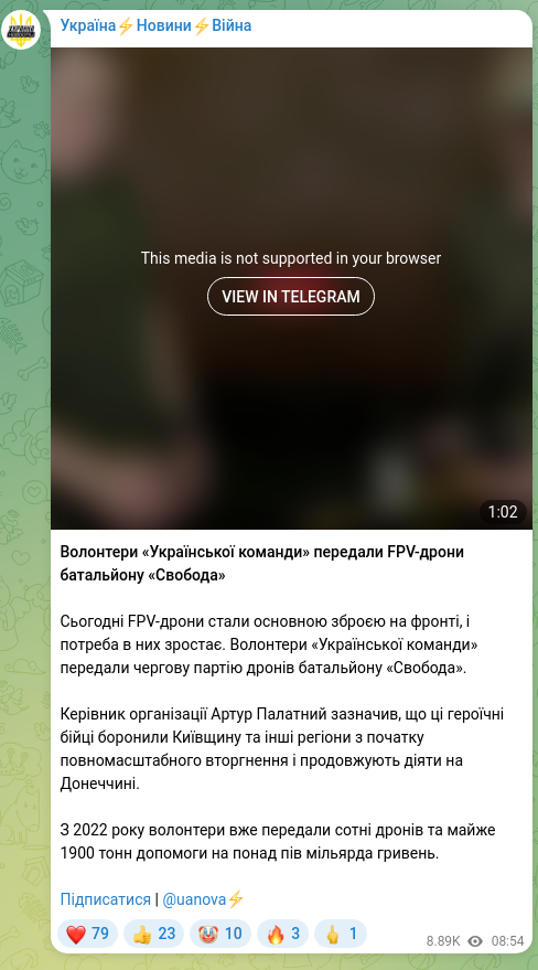 Screenshot of a Telegram post: Palatny Artur Leonidovich — Volunteers of the "Ukrainian Team" handed over FPV drones to the…