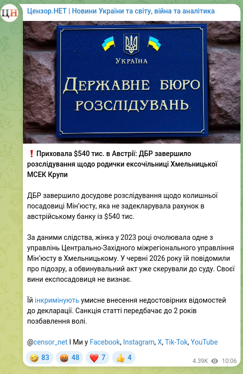 Скріншот Telegram-публікації: ❗️Приховала $540 тис. в Австрії: ДБР завершило розслідування щодо родички ексо…