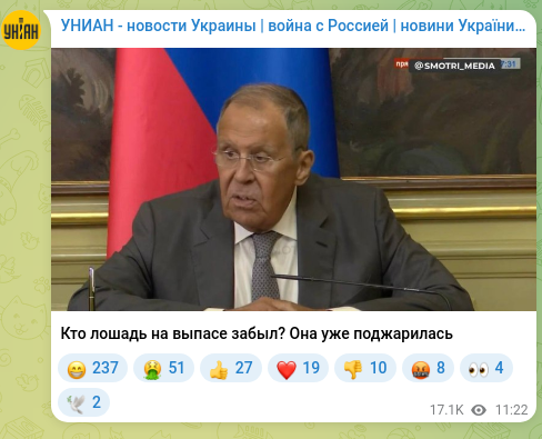 Screenshot of a Telegram post: Who left the horse out to pasture? It's already been roasted.