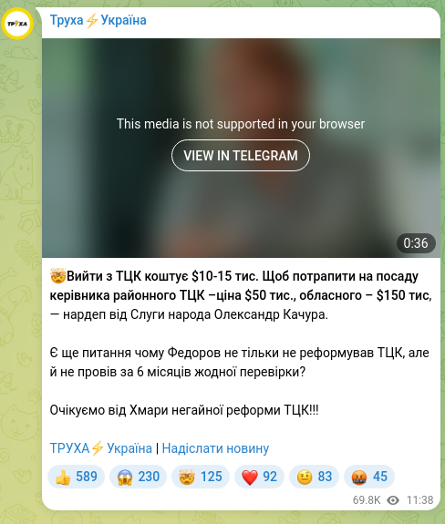 Screenshot of a Telegram post: Kachura Oleksandr Anatoliyovych — 🤯Leaving the district TCC costs $10-15 thousand. To get th…