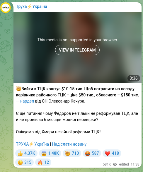 Screenshot of a Telegram post: Kachura Oleksandr Anatoliyovych — 🤯Вийти з ТЦК коштує $10-15 тис. Щоб потрапити на посаду ке…